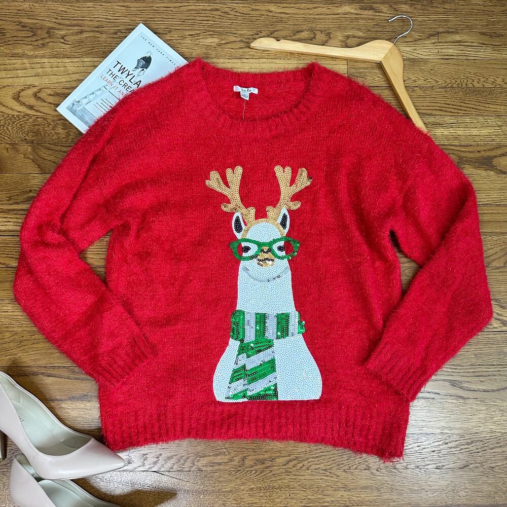 Isela Red Fuzzy Ugly Christmas Sweater with White Sequin Llama